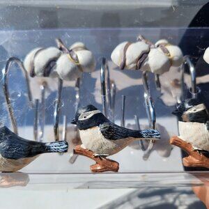 NEW Shower Curtain Hooks Multicolor Chickadee Bird Bathroom Decor Cotton Ball Pl
